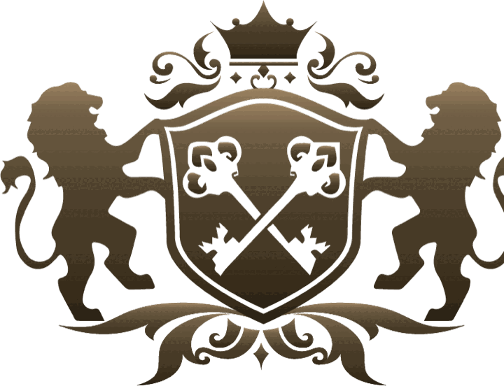 The Tong Shang crest: a crown above a shield with two lions and crossed keys